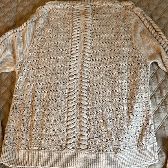 Minnie Rose Cotton Sweater with Open Shoulder, Cable & Open Stitch Detail. Lg. - Picture 2 of 7